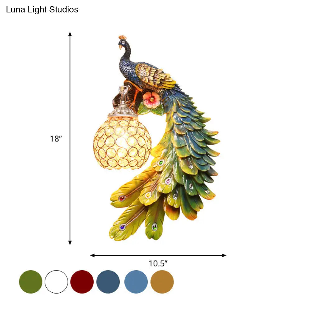 Peacock Wall Sconce - Single Head Cottage White/Red/Blue Resin Light Fixture With Crystal Shade