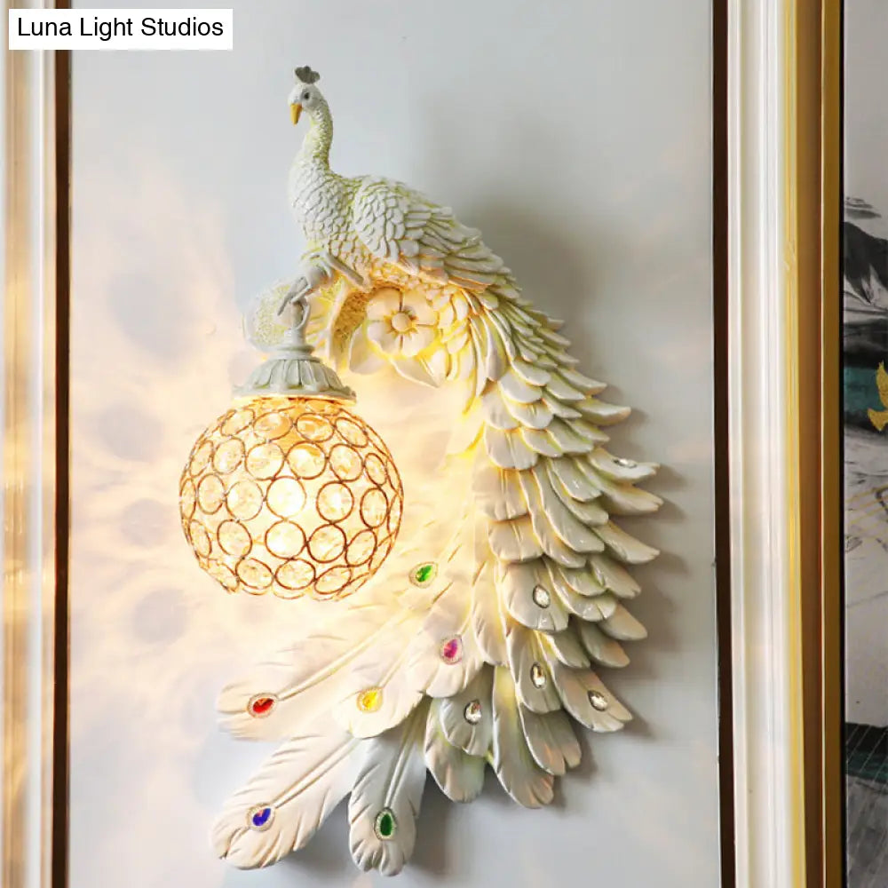 Peacock Wall Sconce - Single Head Cottage White/Red/Blue Resin Light Fixture With Crystal Shade