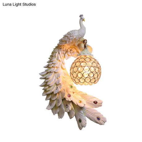 Peacock Wall Sconce - Single Head Cottage White/Red/Blue Resin Light Fixture With Crystal Shade