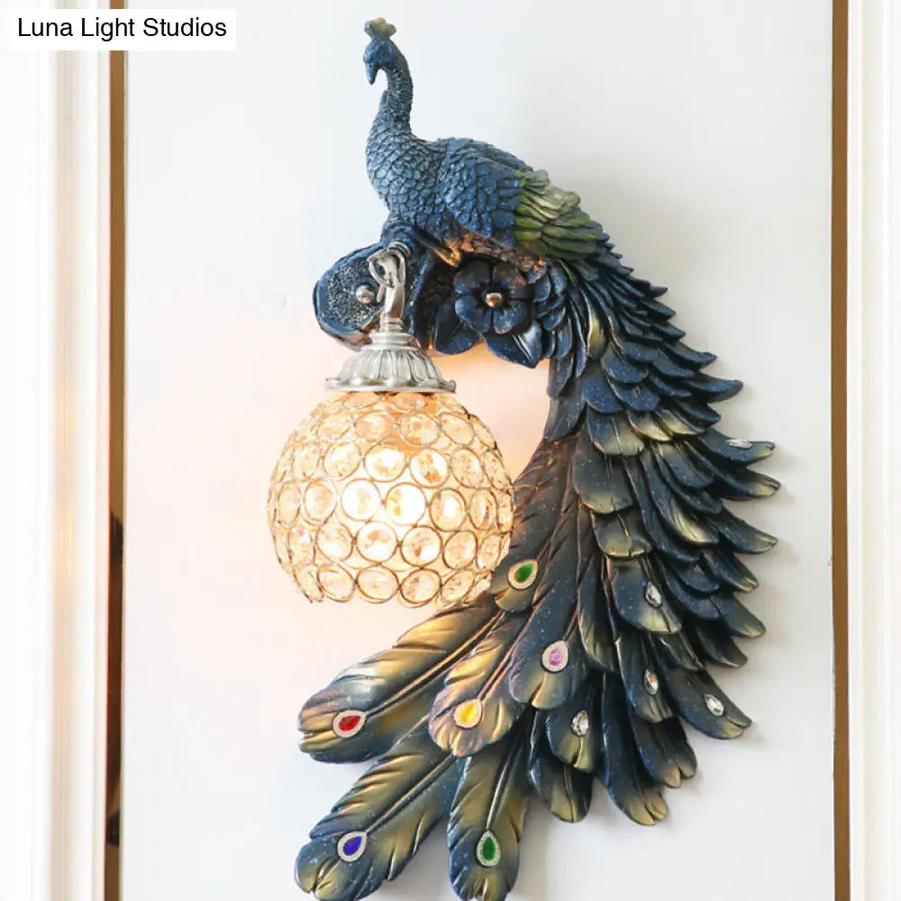 Peacock Wall Sconce - Single Head Cottage White/Red/Blue Resin Light Fixture With Crystal Shade