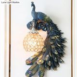 Peacock Wall Sconce - Single Head Cottage White/Red/Blue Resin Light Fixture With Crystal Shade