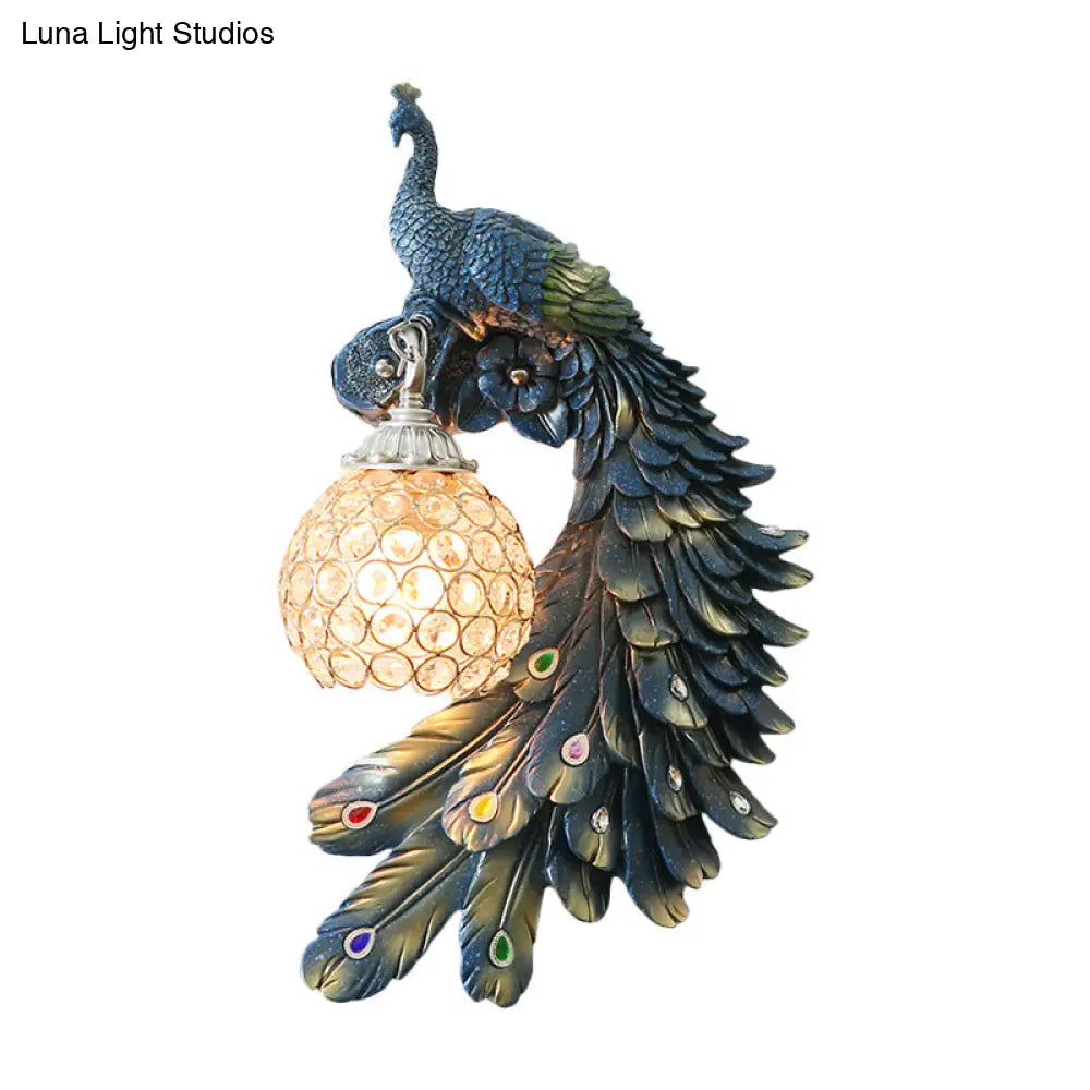 Peacock Wall Sconce - Single Head Cottage White/Red/Blue Resin Light Fixture With Crystal Shade