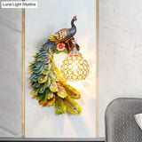 Peacock Wall Sconce - Single Head Cottage White/Red/Blue Resin Light Fixture With Crystal Shade