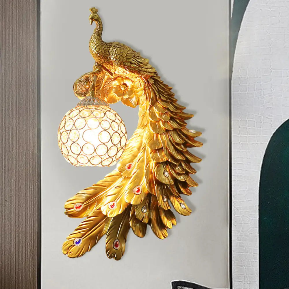 Peacock Wall Sconce - Single Head Cottage White/Red/Blue Resin Light Fixture With Crystal Shade
