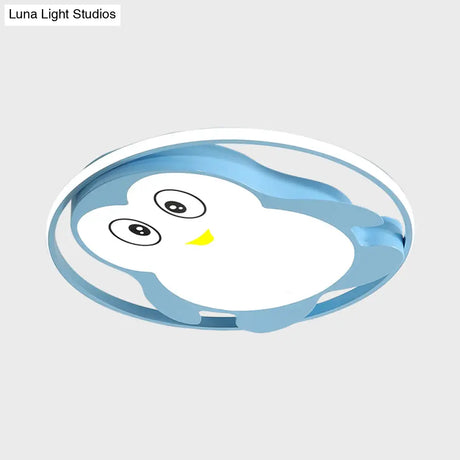 Penguin Led Acrylic Flushmount Ceiling Fixture For Kids’ Bedroom - Pink/Blue Finish