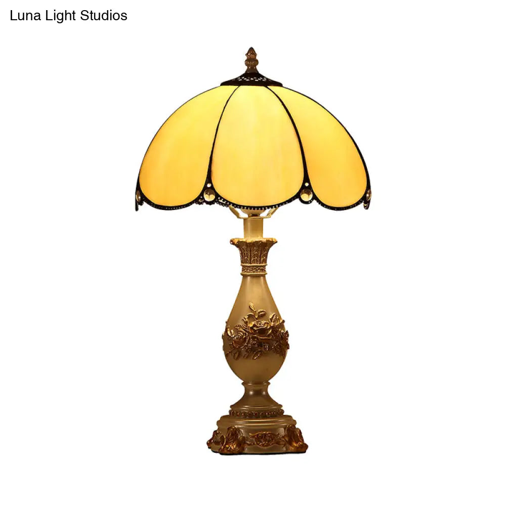 Petals Nightstand Light: Single-Bulb Beige Glass Table Lamp With Carved Vase Base
