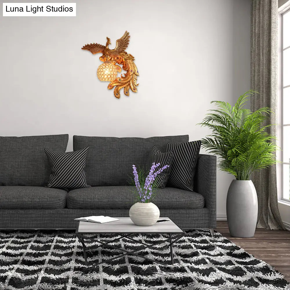 Phoenix Sconce Lighting Resin Wall Lamp With Crystal Dome Shade - Lodge Style Gold Finish