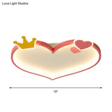 Pink Cartoon Led Flush Mount Ceiling Light With Crown Decor - Metallic Heart Design