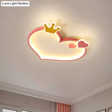 Pink Cartoon Led Flush Mount Ceiling Light With Crown Decor - Metallic Heart Design