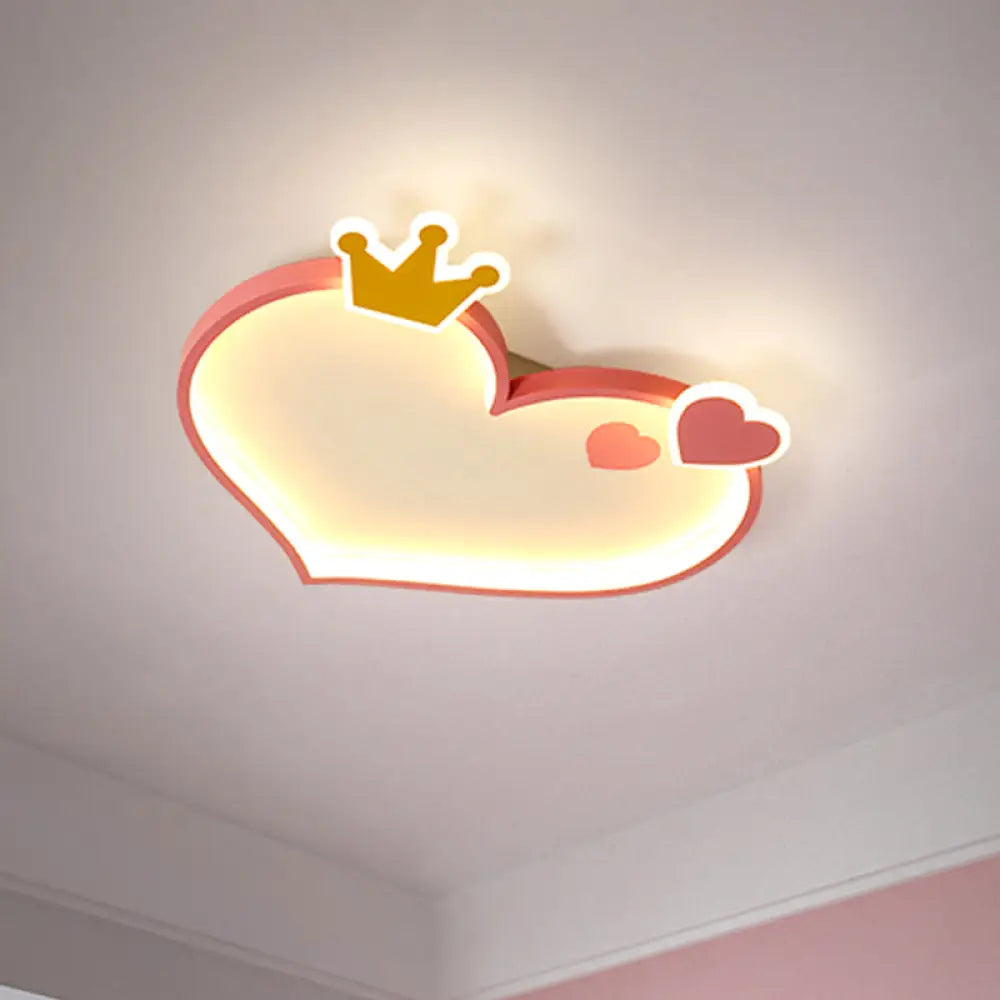 Pink Cartoon Led Flush Mount Ceiling Light With Crown Decor - Metallic Heart Design