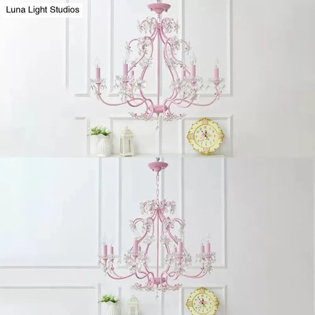 Pink Crystal Kids Metal Chandelier: Candle-Shaped Hanging Light With Clear Crystals For Dining Room