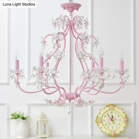 Pink Crystal Kids Metal Chandelier: Candle-Shaped Hanging Light With Clear Crystals For Dining Room