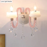Pink Crystal Prism Sconce With 2 Bulbs: Traditional Candelabra Wall Light For Living Room