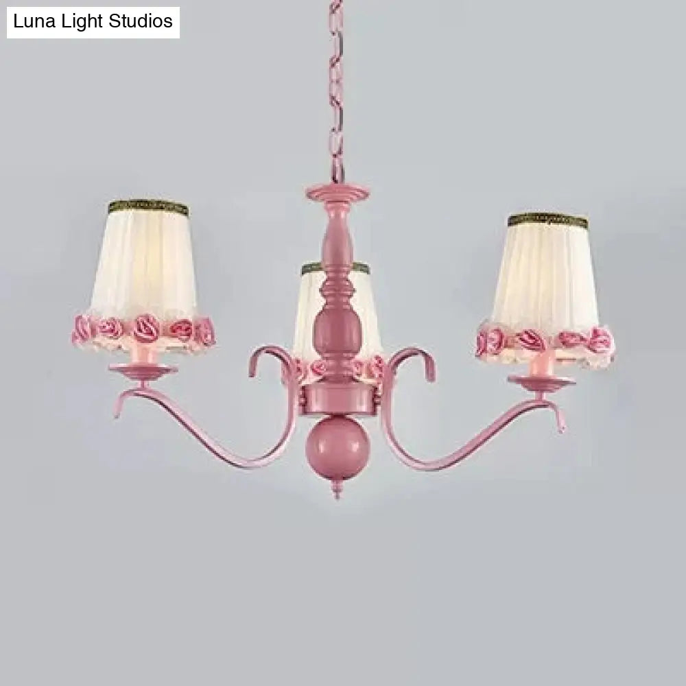 Pink Flower Chandelier: Fabric Tapered Shade Kids Hanging Light For Girls Bedroom