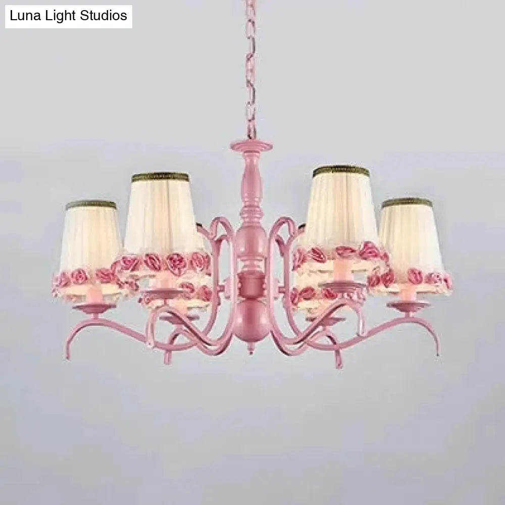 Pink Flower Chandelier: Fabric Tapered Shade Kids Hanging Light For Girls Bedroom
