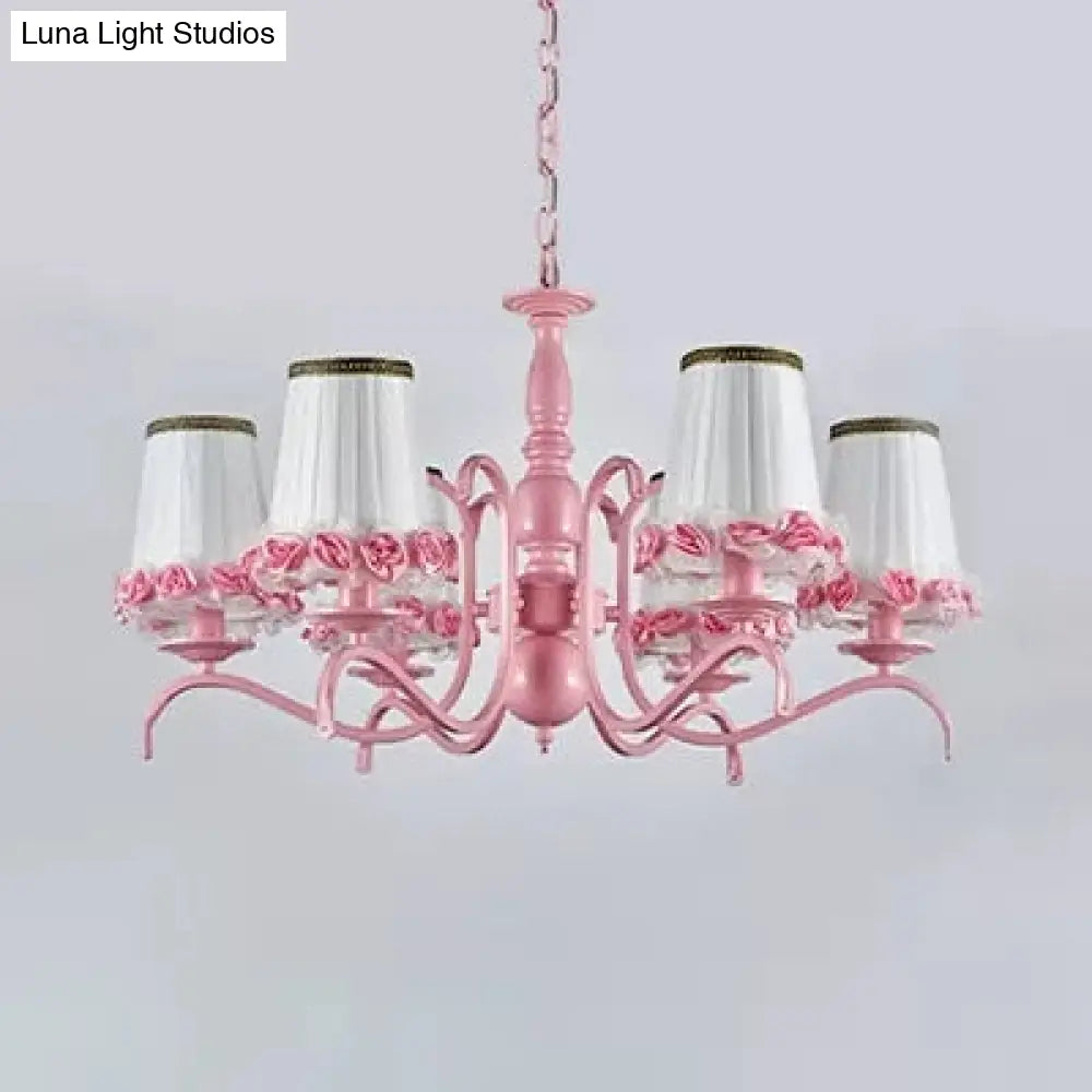 Pink Flower Chandelier: Fabric Tapered Shade Kids Hanging Light For Girls Bedroom