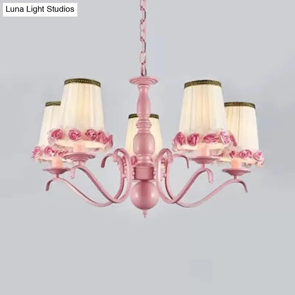 Pink Flower Chandelier: Fabric Tapered Shade Kids Hanging Light For Girls Bedroom