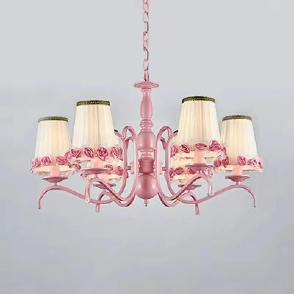 Pink Flower Chandelier: Fabric Tapered Shade Kids Hanging Light For Girls Bedroom 6 /