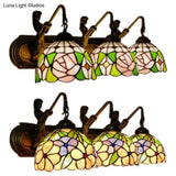 Pink Glass Sconce Light - Tiffany Style Wall Mounted Fixture With 3 Lights And Rose Pattern In Brass