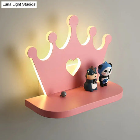 Pink/Gold Crown Led Wall Sconce For Kids Bedside Lighting - Metal Mounted Light