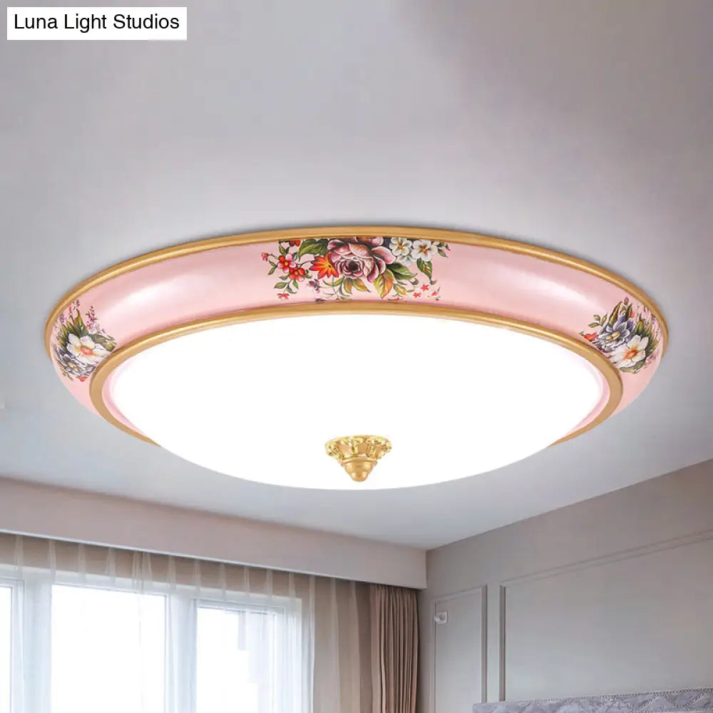Pink Led Farmhouse Flush Ceiling Light With White Glass Bowl Shade - Warm/White Option For Bedroom