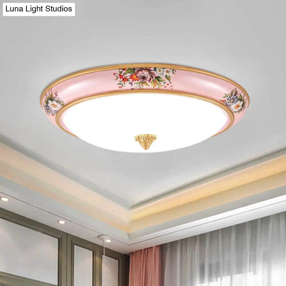 Pink Led Farmhouse Flush Ceiling Light With White Glass Bowl Shade - Warm/White Option For Bedroom