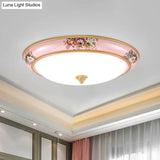 Pink Led Farmhouse Flush Ceiling Light With White Glass Bowl Shade - Warm/White Option For Bedroom