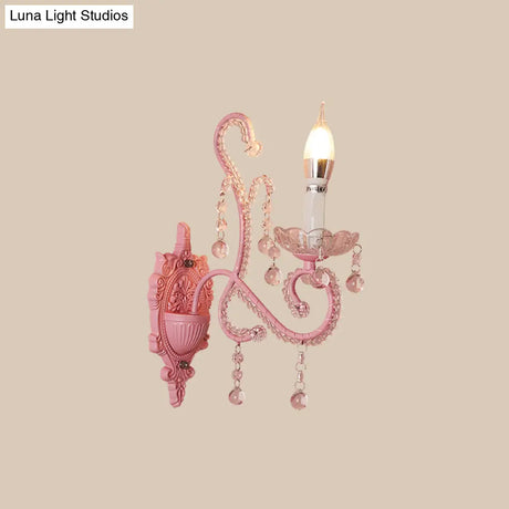 Pink Metal Cartoon Candle Sconce With Crystal Deco For Girls Bedside