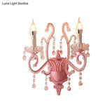 Pink Metal Cartoon Candle Sconce With Crystal Deco For Girls Bedside