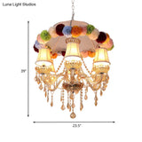 Pink Retro 6-Bulb Fabric Chandelier With Crystal Accents And Floral Ball Ornament