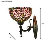Pink Rose Tiffany Stained Glass Wall Mount Sconce With Bronze Carved Arm