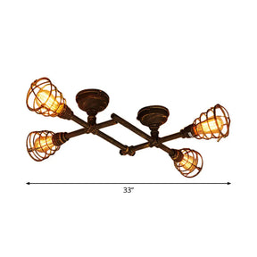 Piping Industrial Antiqued Bronze Metal Semi Flush Mount Ceiling Light With Cage 4 /