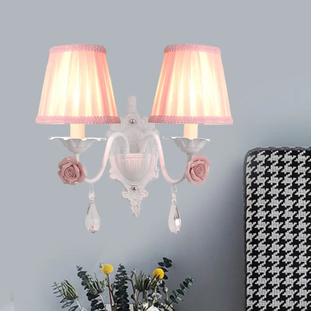 Pleated Fabric Wall Sconce: Pastoral Pink/Blue Bedside Light With Rose Decor 2 / Pink