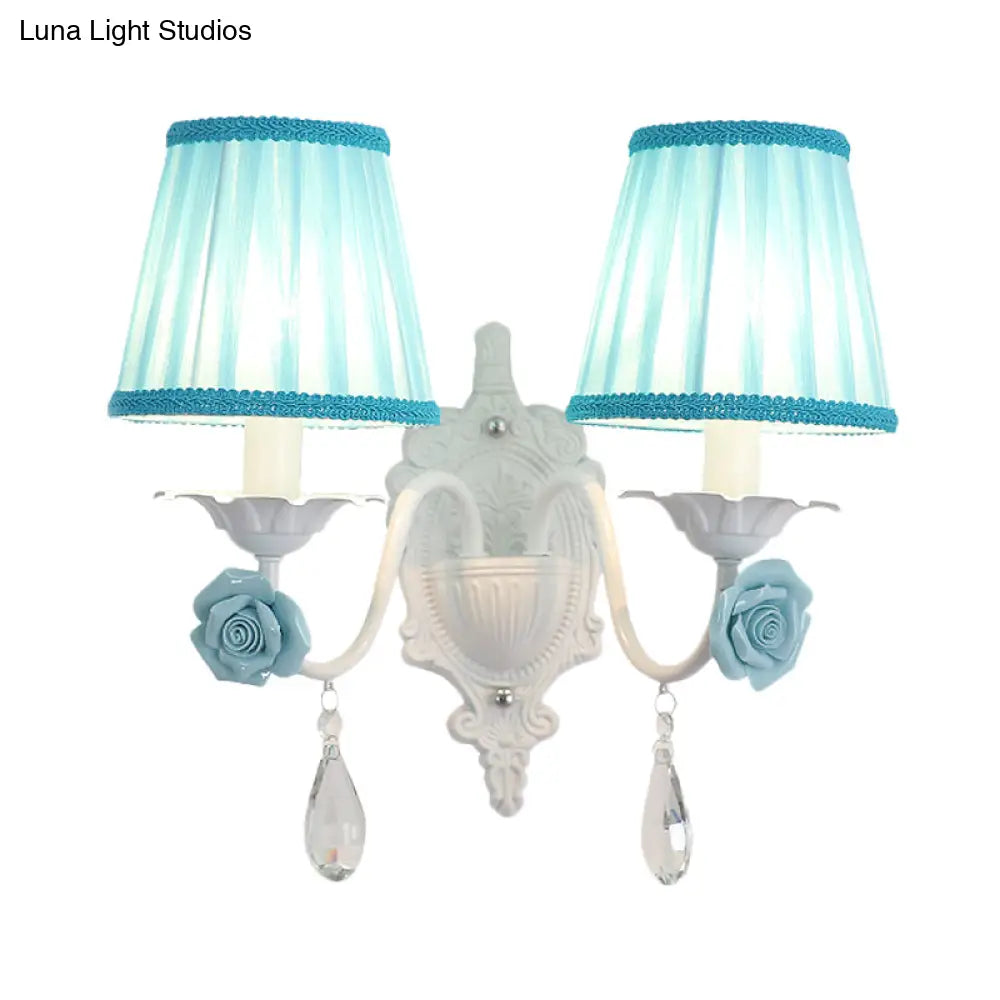 Pleated Fabric Wall Sconce: Pastoral Pink/Blue Bedside Light With Rose Decor