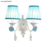 Pleated Fabric Wall Sconce: Pastoral Pink/Blue Bedside Light With Rose Decor