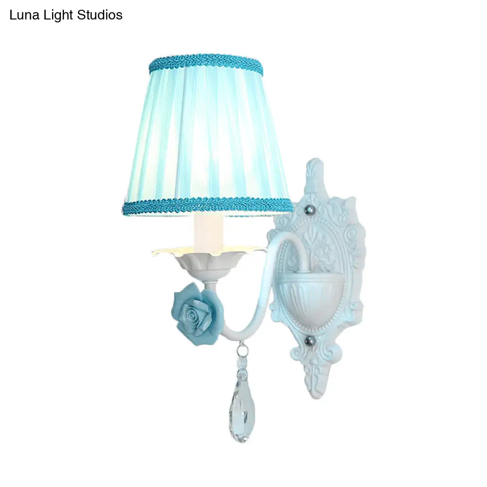 Pleated Fabric Wall Sconce: Pastoral Pink/Blue Bedside Light With Rose Decor