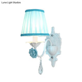 Pleated Fabric Wall Sconce: Pastoral Pink/Blue Bedside Light With Rose Decor