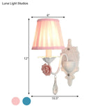Pleated Fabric Wall Sconce: Pastoral Pink/Blue Bedside Light With Rose Decor