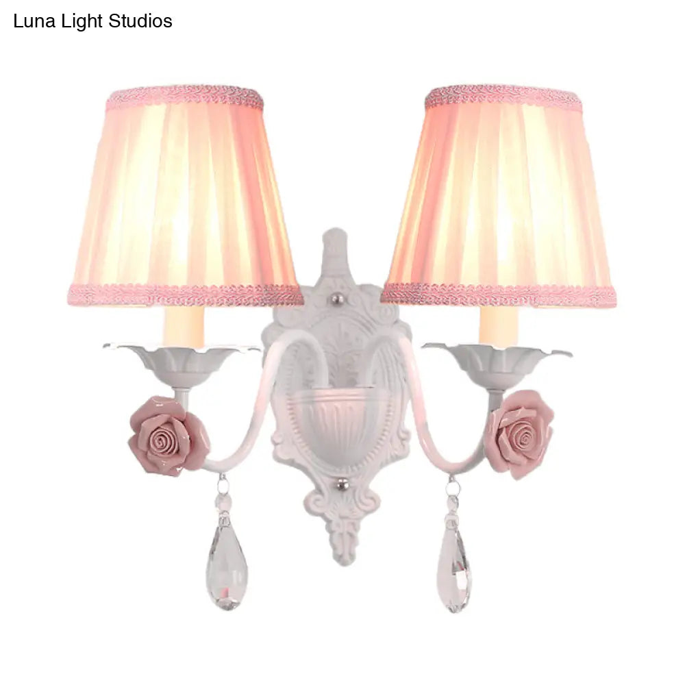 Pleated Fabric Wall Sconce: Pastoral Pink/Blue Bedside Light With Rose Decor
