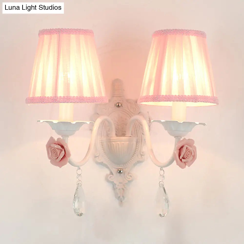 Pleated Fabric Wall Sconce: Pastoral Pink/Blue Bedside Light With Rose Decor