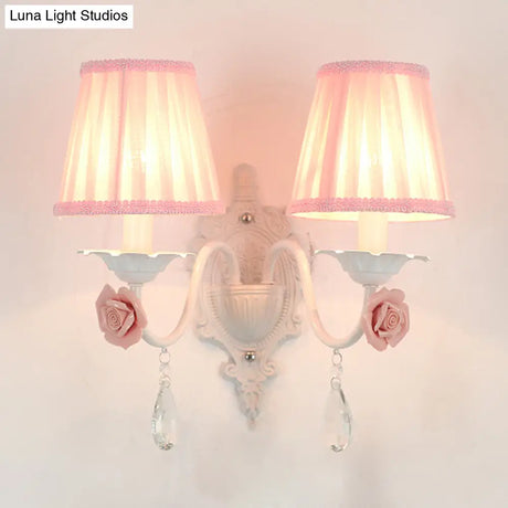 Pleated Fabric Wall Sconce: Pastoral Pink/Blue Bedside Light With Rose Decor