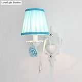 Pleated Fabric Wall Sconce: Pastoral Pink/Blue Bedside Light With Rose Decor
