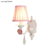 Pleated Fabric Wall Sconce: Pastoral Pink/Blue Bedside Light With Rose Decor