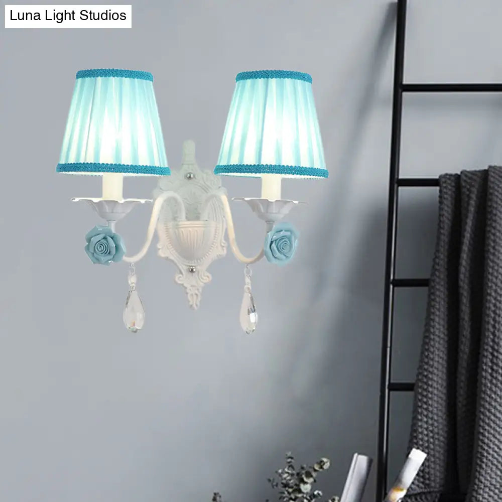 Pleated Fabric Wall Sconce: Pastoral Pink/Blue Bedside Light With Rose Decor