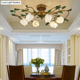 Pomegranate Flower Flushmount Glass Ceiling Light - 6 - Head Semi Flush Mount For Dining Room