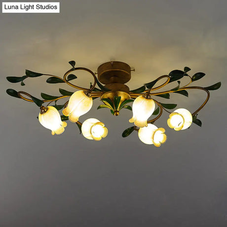 Pomegranate Flower Flushmount Glass Ceiling Light - 6 - Head Semi Flush Mount For Dining Room