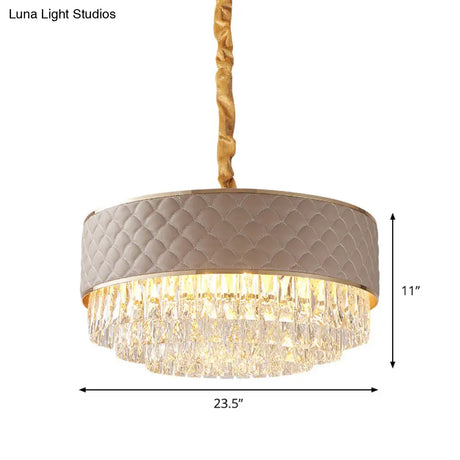 Post-Modern 10-Light Drum Ceiling Crystal Chandelier Light Fixture With Leatherwear Shade