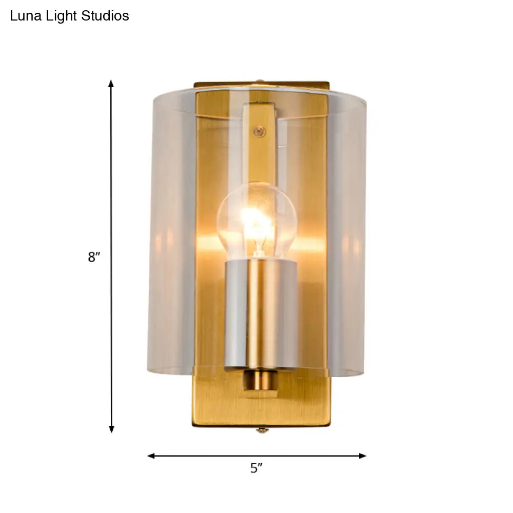 Post Modern Brass Finish Wall Lamp With Clear/Textured White Glass - Cylindric Sconce Design (1