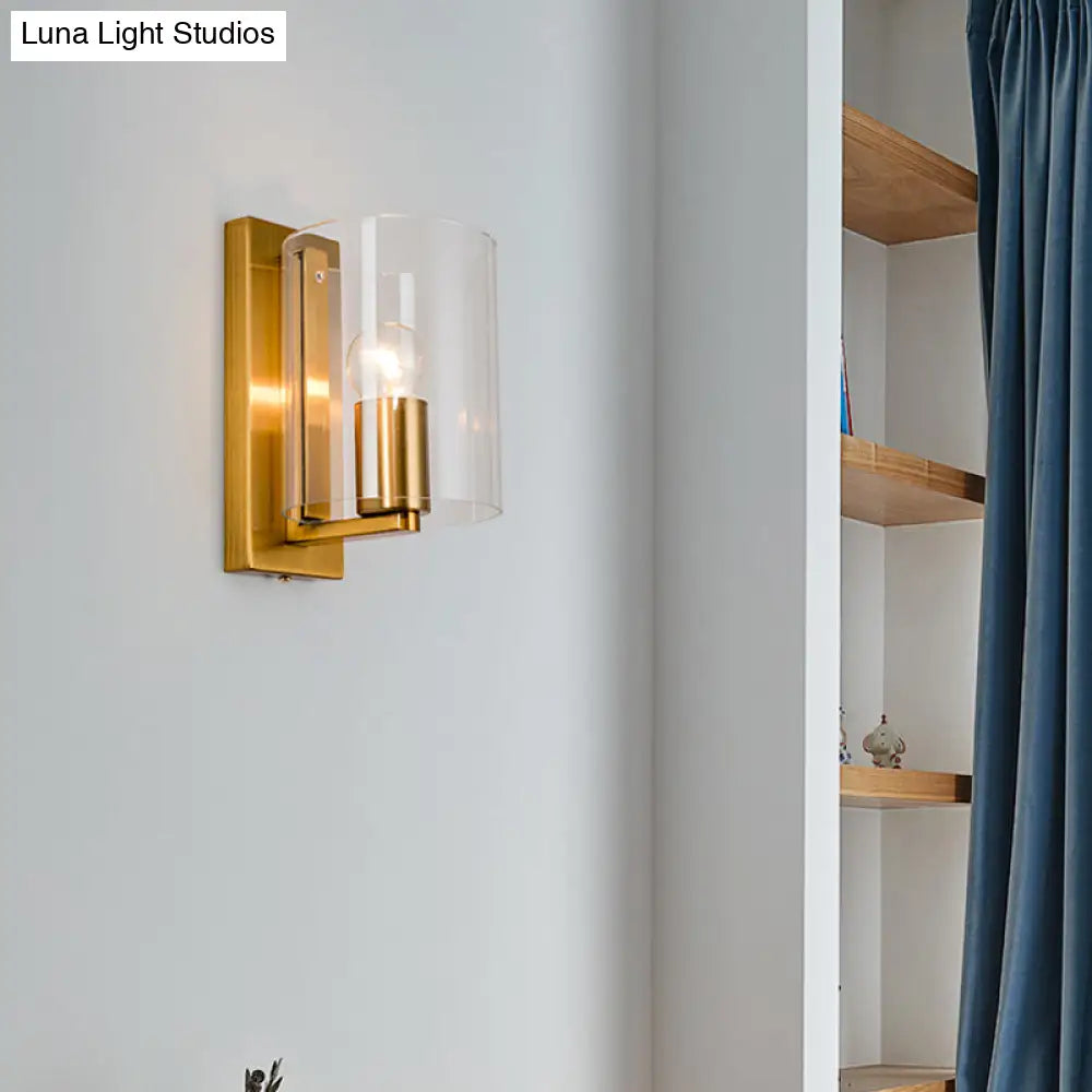 Post Modern Brass Finish Wall Lamp With Clear/Textured White Glass - Cylindric Sconce Design (1