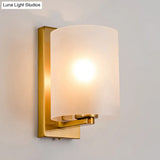 Post Modern Brass Finish Wall Lamp With Clear/Textured White Glass - Cylindric Sconce Design (1